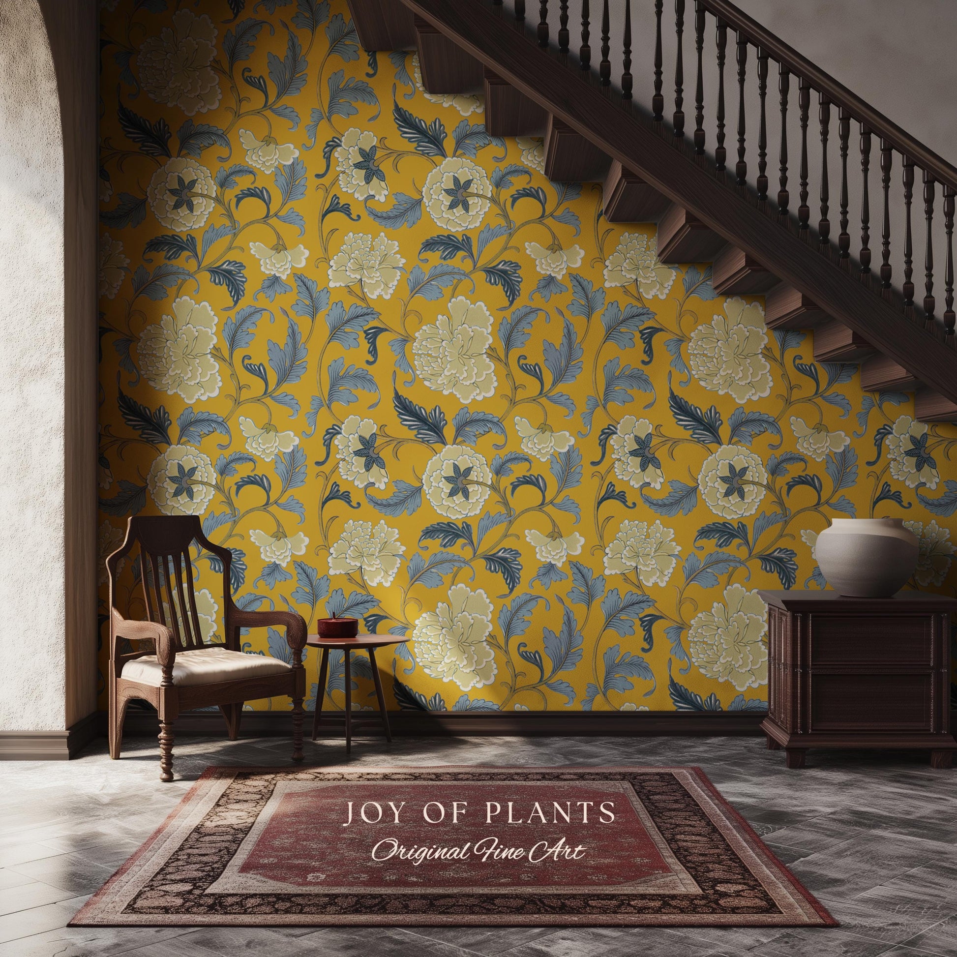 Formal European Damask Wallpaper | Rococo Chinoiserie French Florals Peony Wall Renter Friendly Peel & Stick Mustard Yellow Grandmillenial