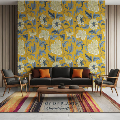 Formal European Damask Wallpaper | Rococo Chinoiserie French Florals Peony Wall Renter Friendly Peel & Stick Mustard Yellow Grandmillenial
