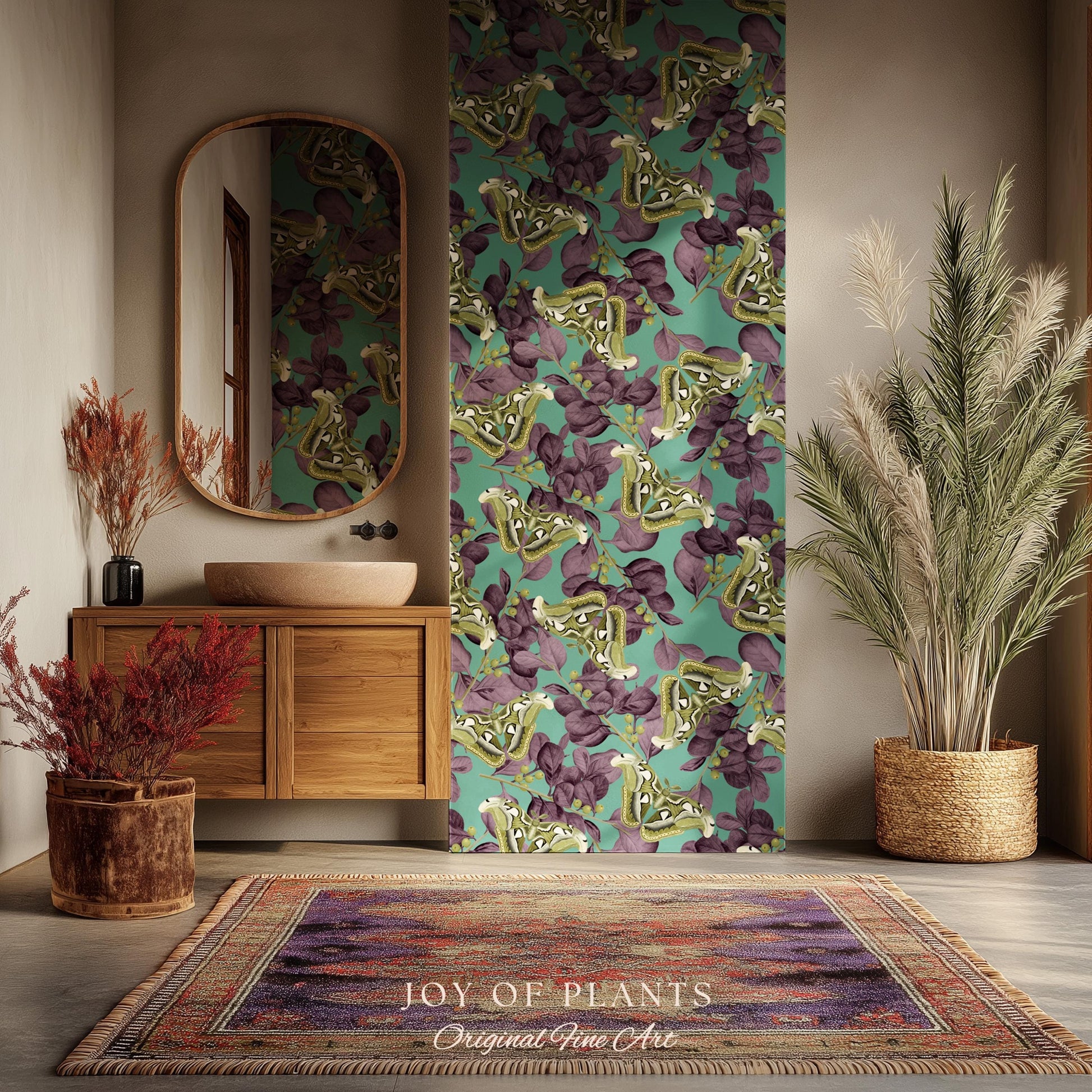 Deep Plum Botanical Butterfly Wallpaper | Moody Wildlife Maximalist Dark Nature Peel and Stick Purple & Green Renter Friendly Curiosity Art