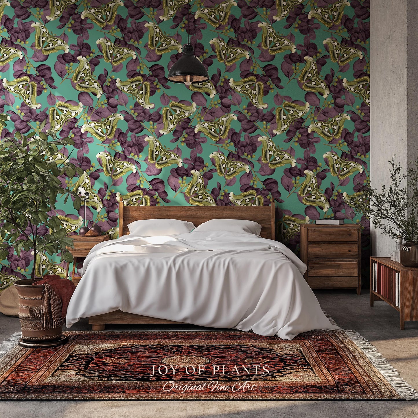 Deep Plum Botanical Butterfly Wallpaper | Moody Wildlife Maximalist Dark Nature Peel and Stick Purple & Green Renter Friendly Curiosity Art