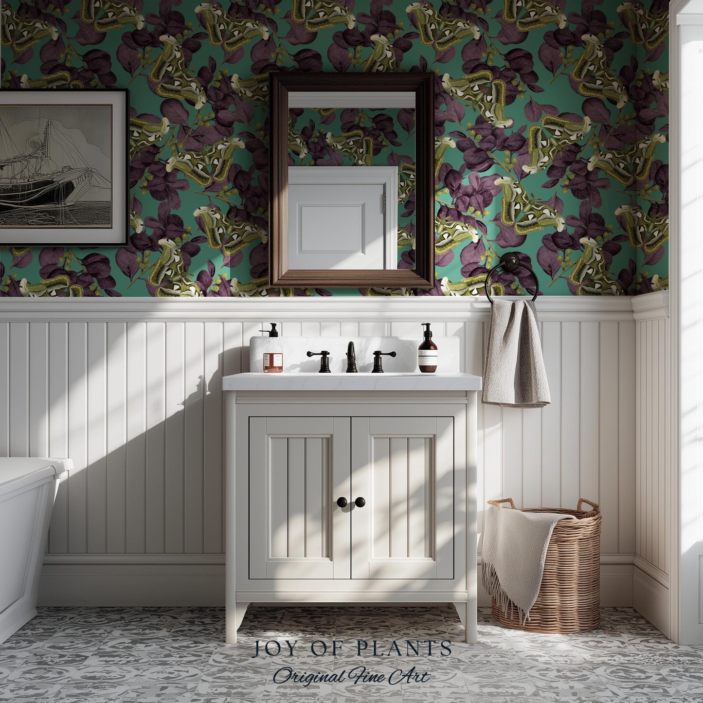 Deep Plum Botanical Butterfly Wallpaper | Moody Wildlife Maximalist Dark Nature Peel and Stick Purple & Green Renter Friendly Curiosity Art