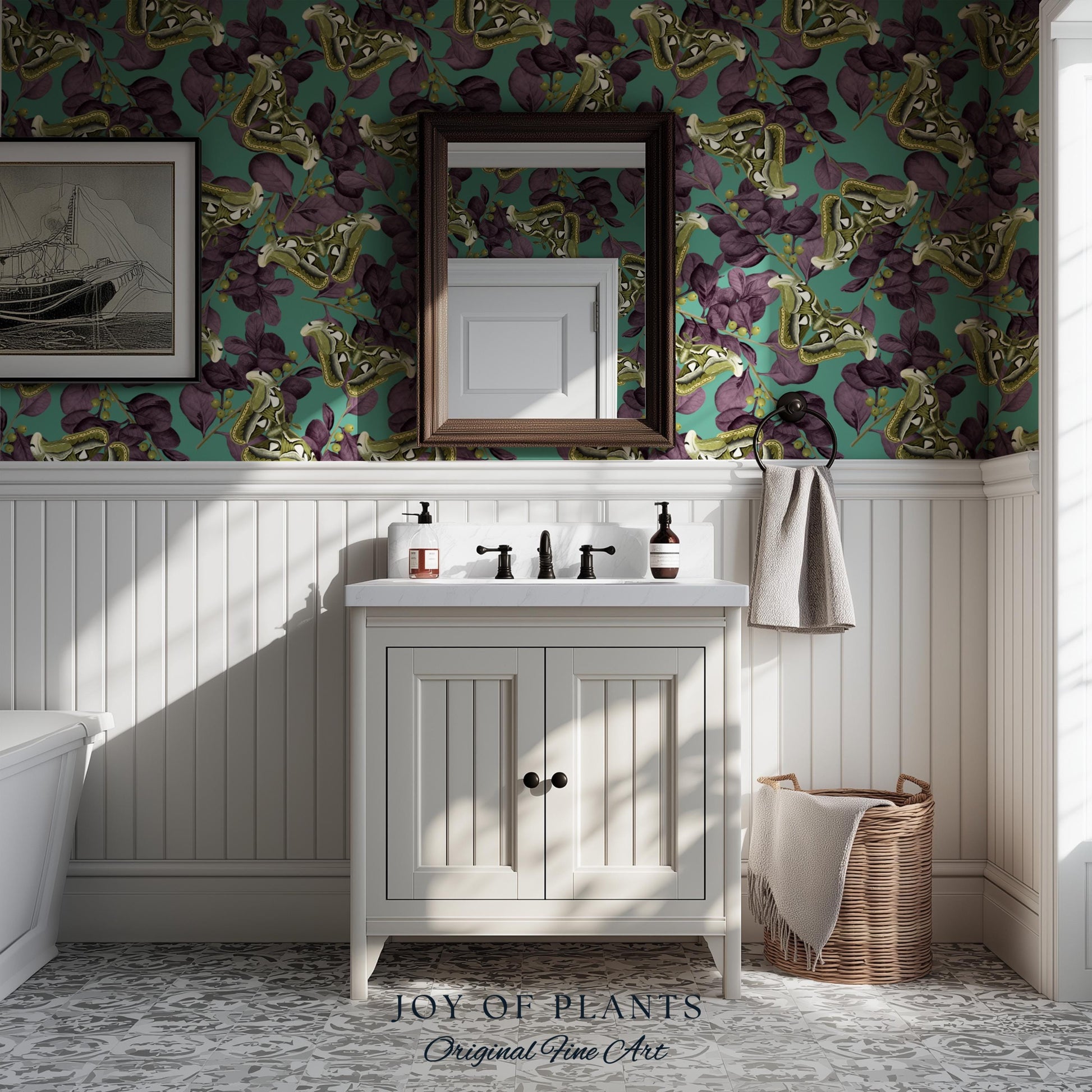 Deep Plum Botanical Butterfly Wallpaper | Moody Wildlife Maximalist Dark Nature Peel and Stick Purple & Green Renter Friendly Curiosity Art