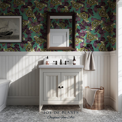 Deep Plum Botanical Butterfly Wallpaper | Moody Wildlife Maximalist Dark Nature Peel and Stick Purple & Green Renter Friendly Curiosity Art