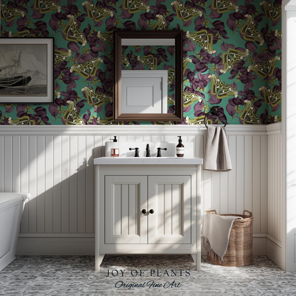 Deep Plum Botanical Butterfly Wallpaper | Moody Wildlife Maximalist Dark Nature Peel and Stick Purple & Green Renter Friendly Curiosity Art