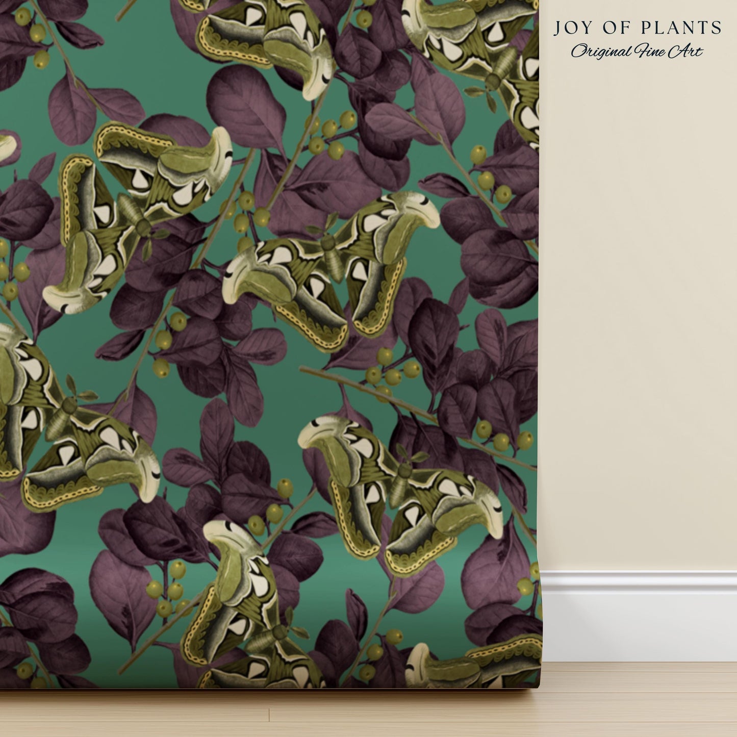 Deep Plum Botanical Butterfly Wallpaper | Moody Wildlife Maximalist Dark Nature Peel and Stick Purple & Green Renter Friendly Curiosity Art