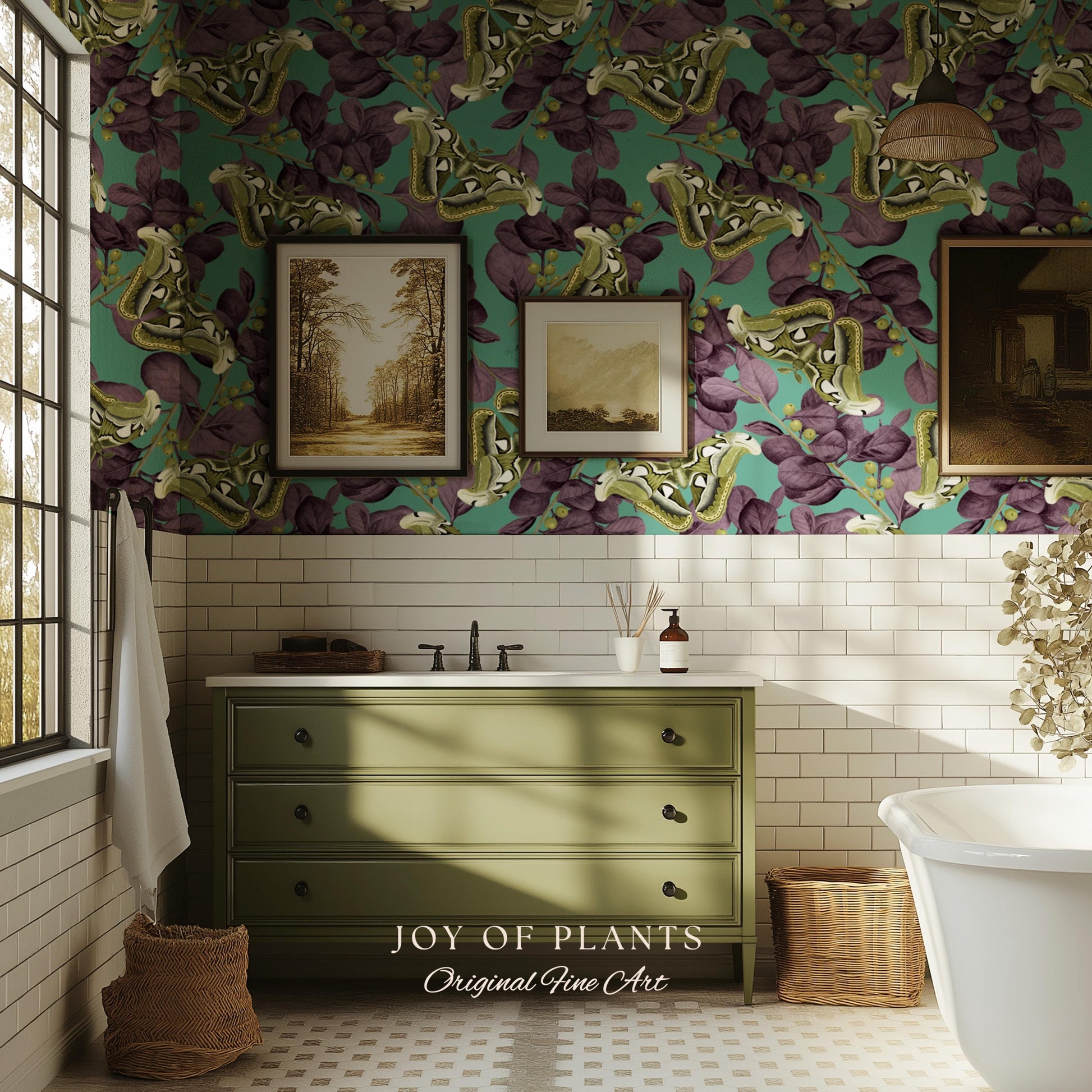 Deep Plum Botanical Butterfly Wallpaper | Moody Wildlife Maximalist Dark Nature Peel and Stick Purple & Green Renter Friendly Curiosity Art
