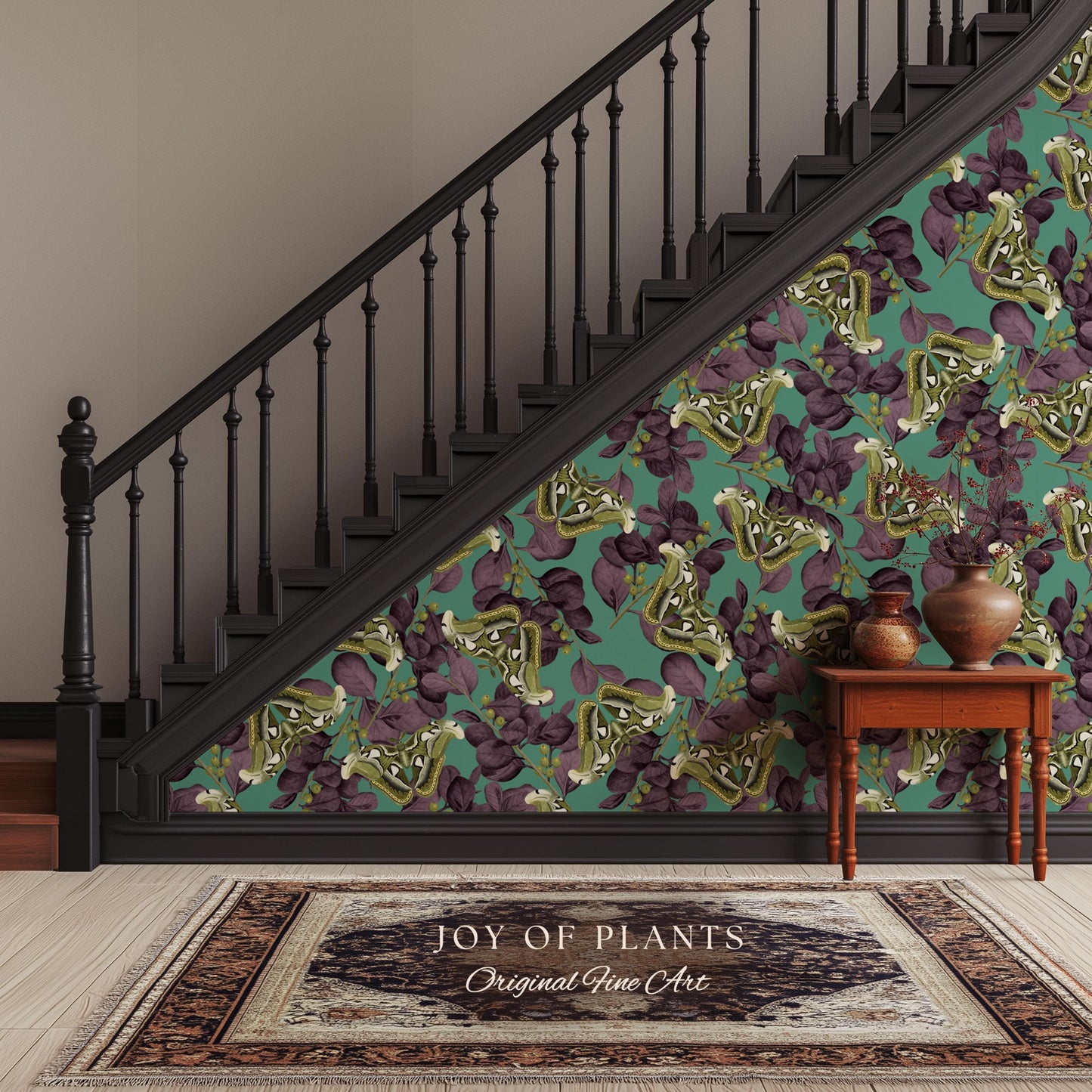 Deep Plum Botanical Butterfly Wallpaper | Moody Wildlife Maximalist Dark Nature Peel and Stick Purple & Green Renter Friendly Curiosity Art