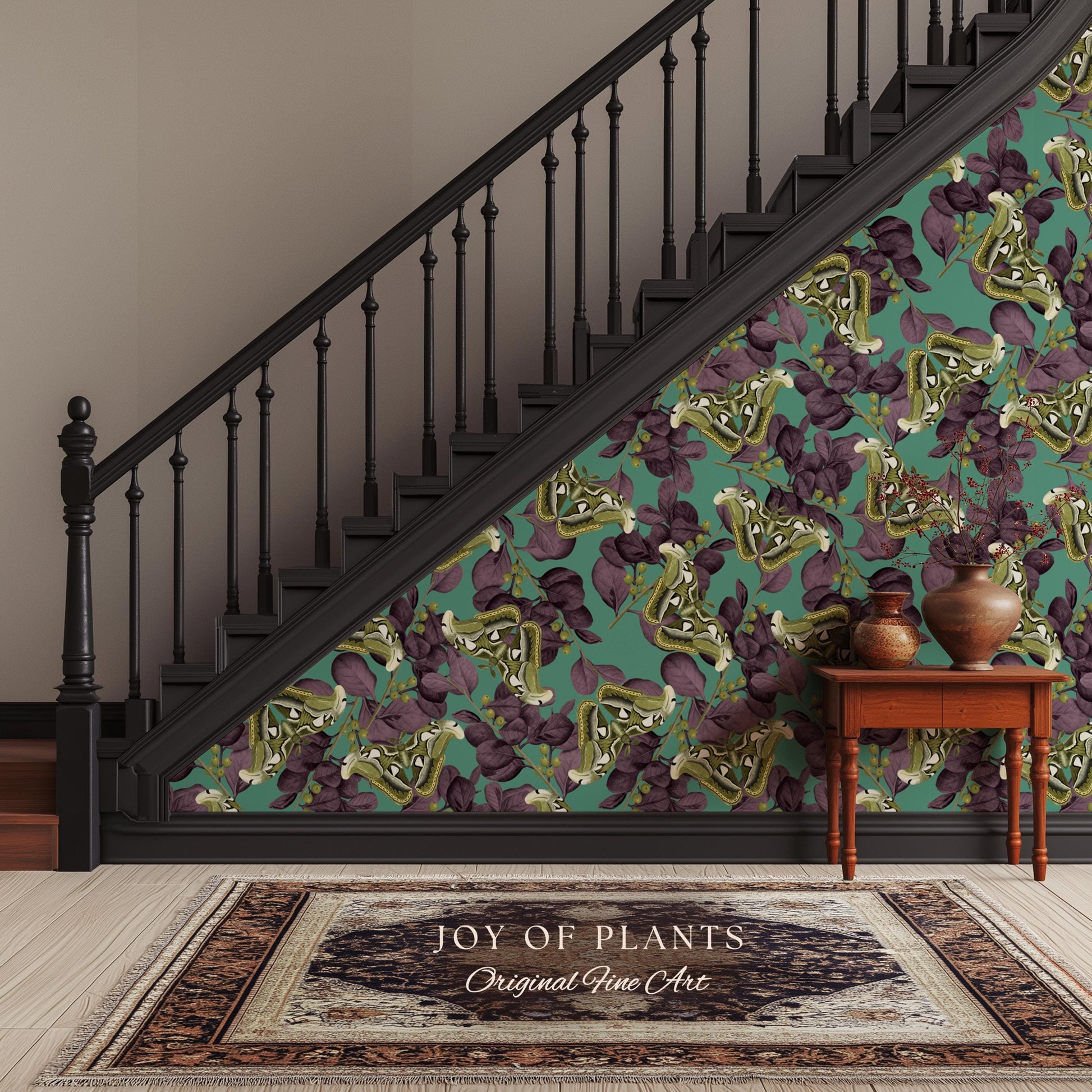 Deep Plum Botanical Butterfly Wallpaper | Moody Wildlife Maximalist Dark Nature Peel and Stick Purple & Green Renter Friendly Curiosity Art