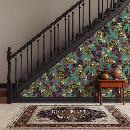 Deep Plum Botanical Butterfly Wallpaper | Moody Wildlife Maximalist Dark Nature Peel and Stick Purple & Green Renter Friendly Curiosity Art