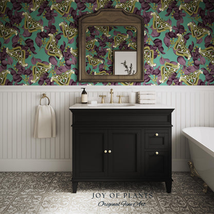 Deep Plum Botanical Butterfly Wallpaper | Moody Wildlife Maximalist Dark Nature Peel and Stick Purple & Green Renter Friendly Curiosity Art