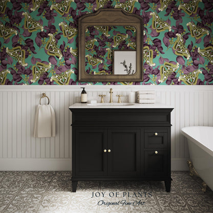 Deep Plum Botanical Butterfly Wallpaper | Moody Wildlife Maximalist Dark Nature Peel and Stick Purple & Green Renter Friendly Curiosity Art