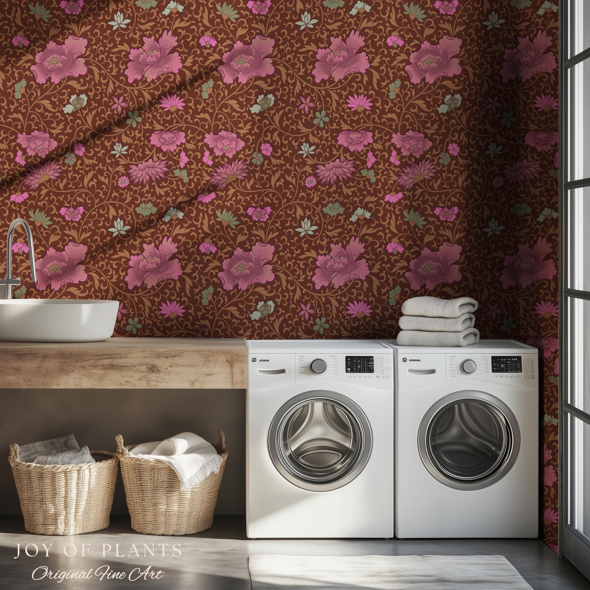 Bohemian Folk Ornamental Wallpaper | Retro Mid-Century Cottage Wall Art Renter Friendly Mauve Maximalist Peel and Stick Floral Chinoiserie