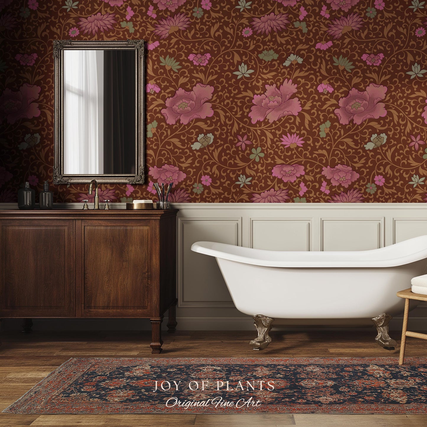 Bohemian Folk Ornamental Wallpaper | Retro Mid-Century Cottage Wall Art Renter Friendly Mauve Maximalist Peel and Stick Floral Chinoiserie