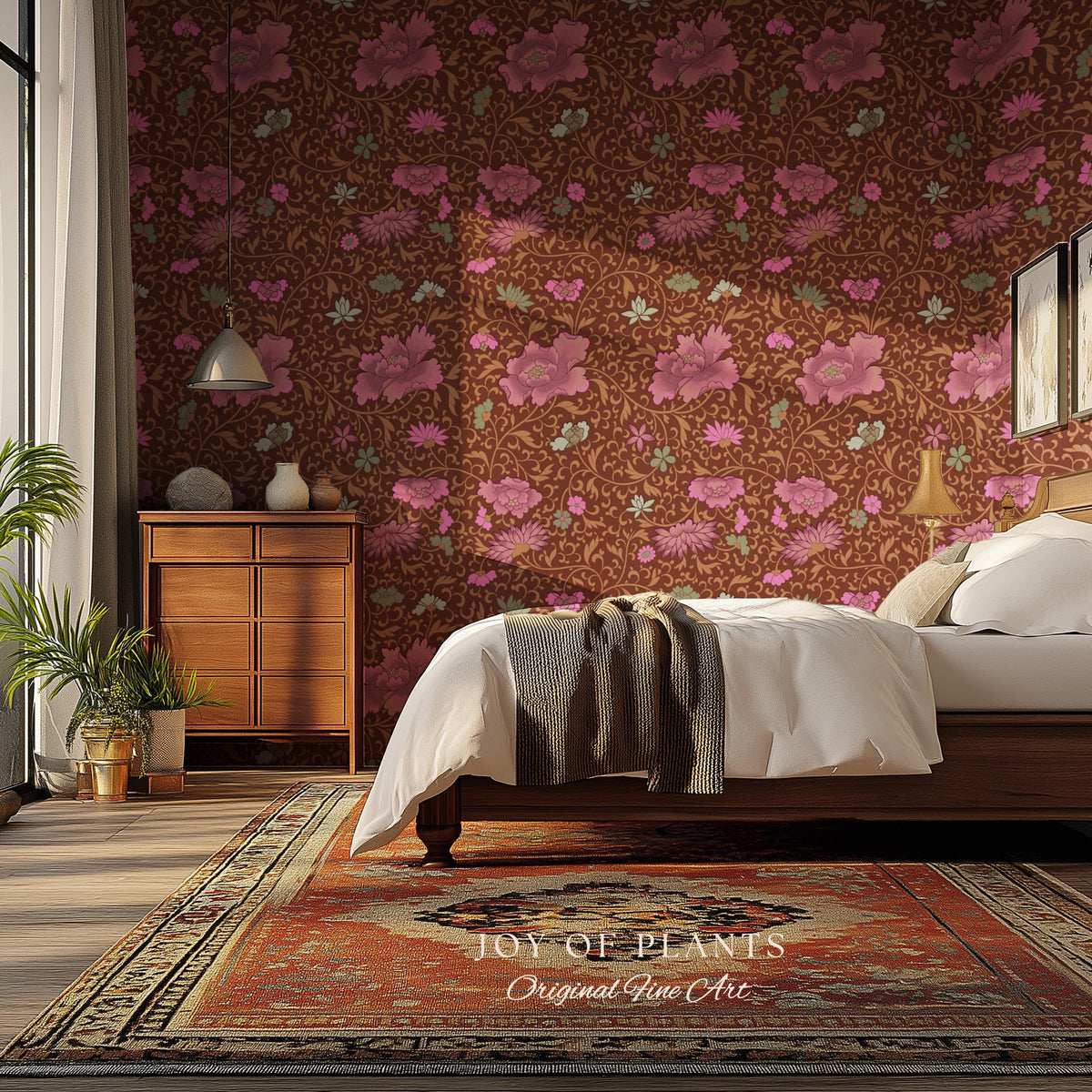 Bohemian Folk Ornamental Wallpaper | Retro Mid-Century Cottage Wall Art Renter Friendly Mauve Maximalist Peel and Stick Floral Chinoiserie