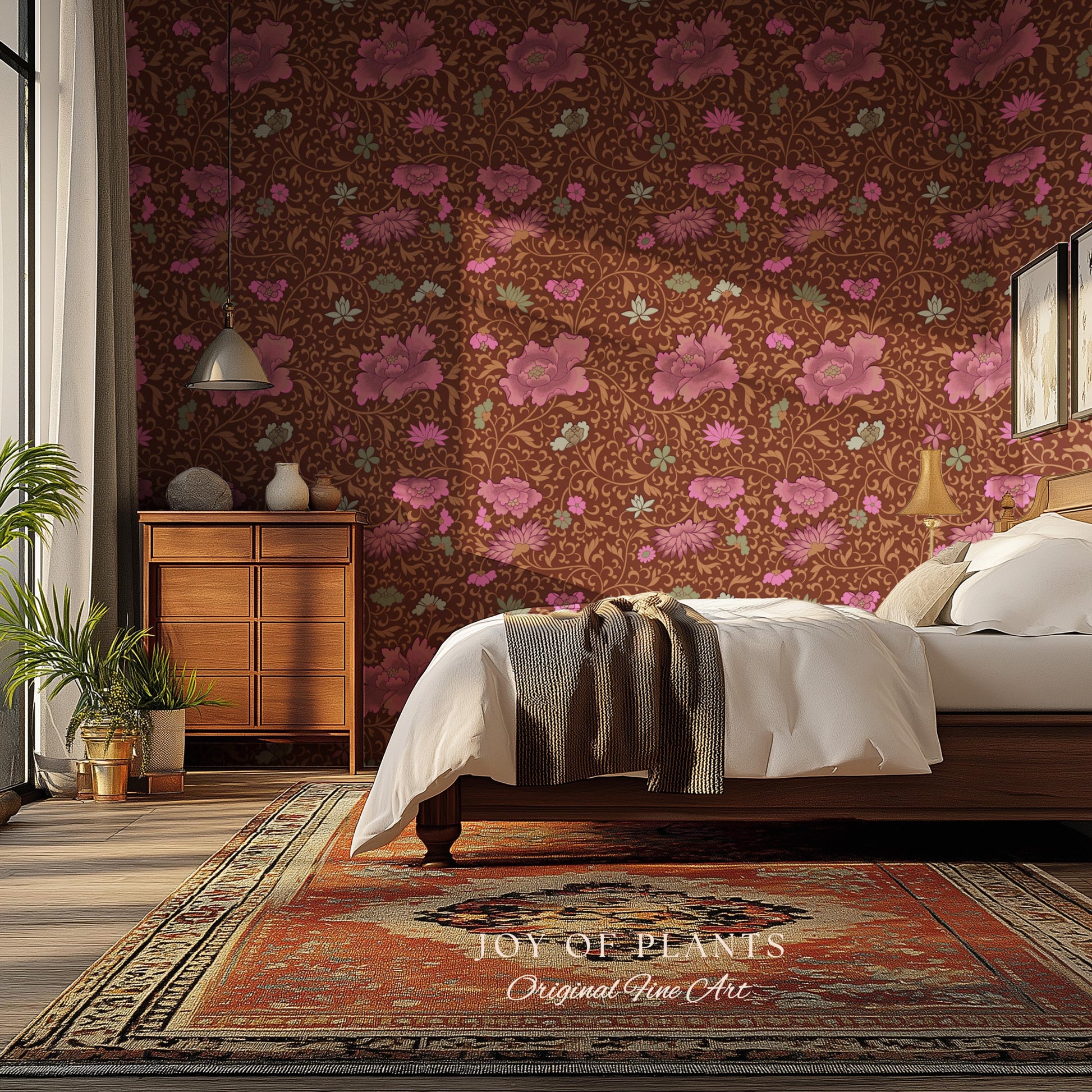 Bohemian Folk Ornamental Wallpaper | Retro Mid-Century Cottage Wall Art Renter Friendly Mauve Maximalist Peel and Stick Floral Chinoiserie