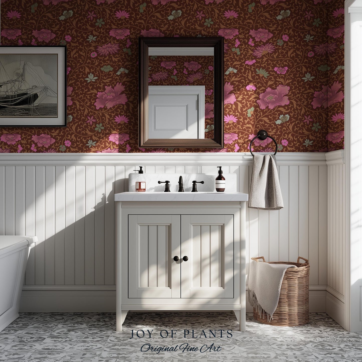 Bohemian Folk Ornamental Wallpaper | Retro Mid-Century Cottage Wall Art Renter Friendly Mauve Maximalist Peel and Stick Floral Chinoiserie