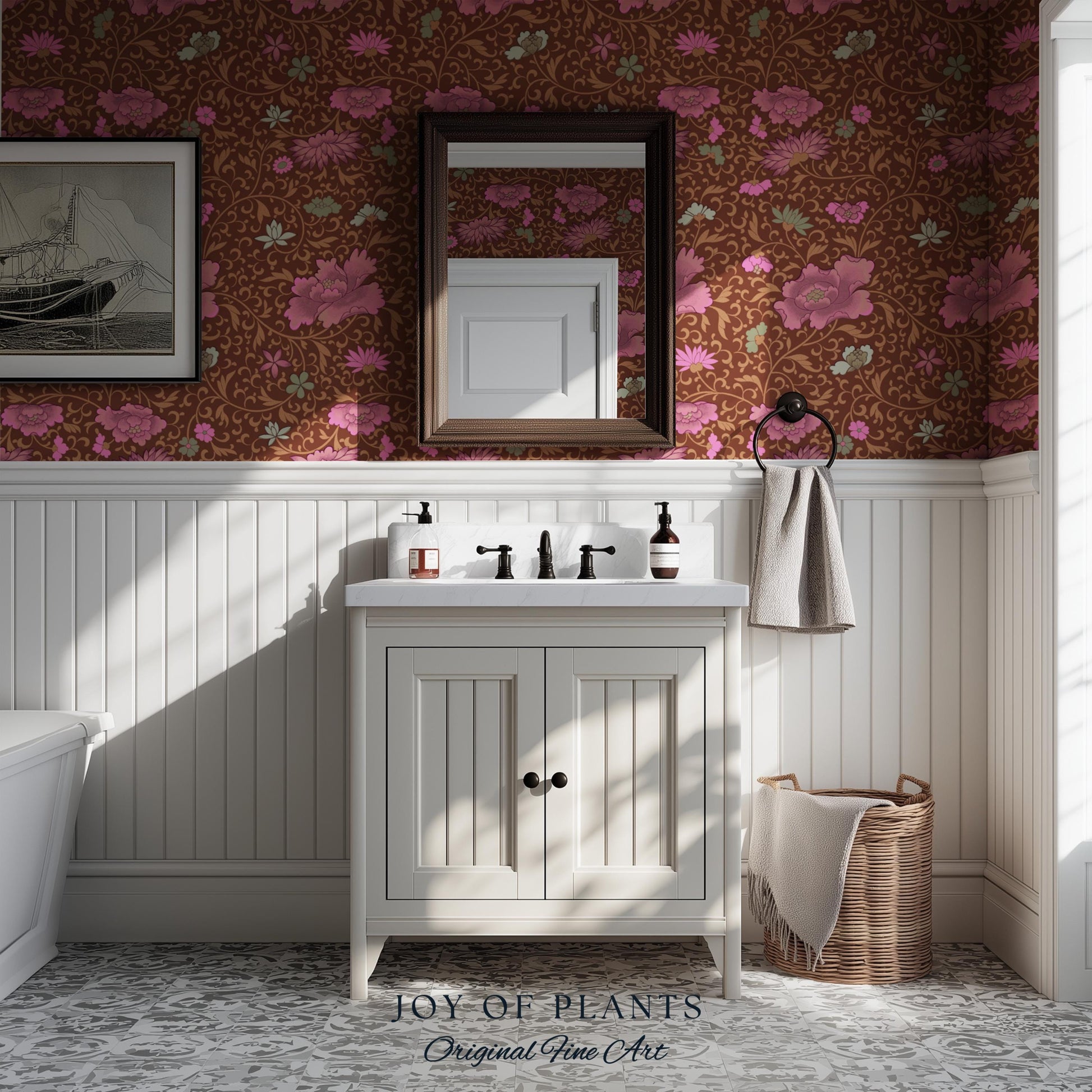 Bohemian Folk Ornamental Wallpaper | Retro Mid-Century Cottage Wall Art Renter Friendly Mauve Maximalist Peel and Stick Floral Chinoiserie