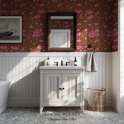 Bohemian Folk Ornamental Wallpaper | Retro Mid-Century Cottage Wall Art Renter Friendly Mauve Maximalist Peel and Stick Floral Chinoiserie