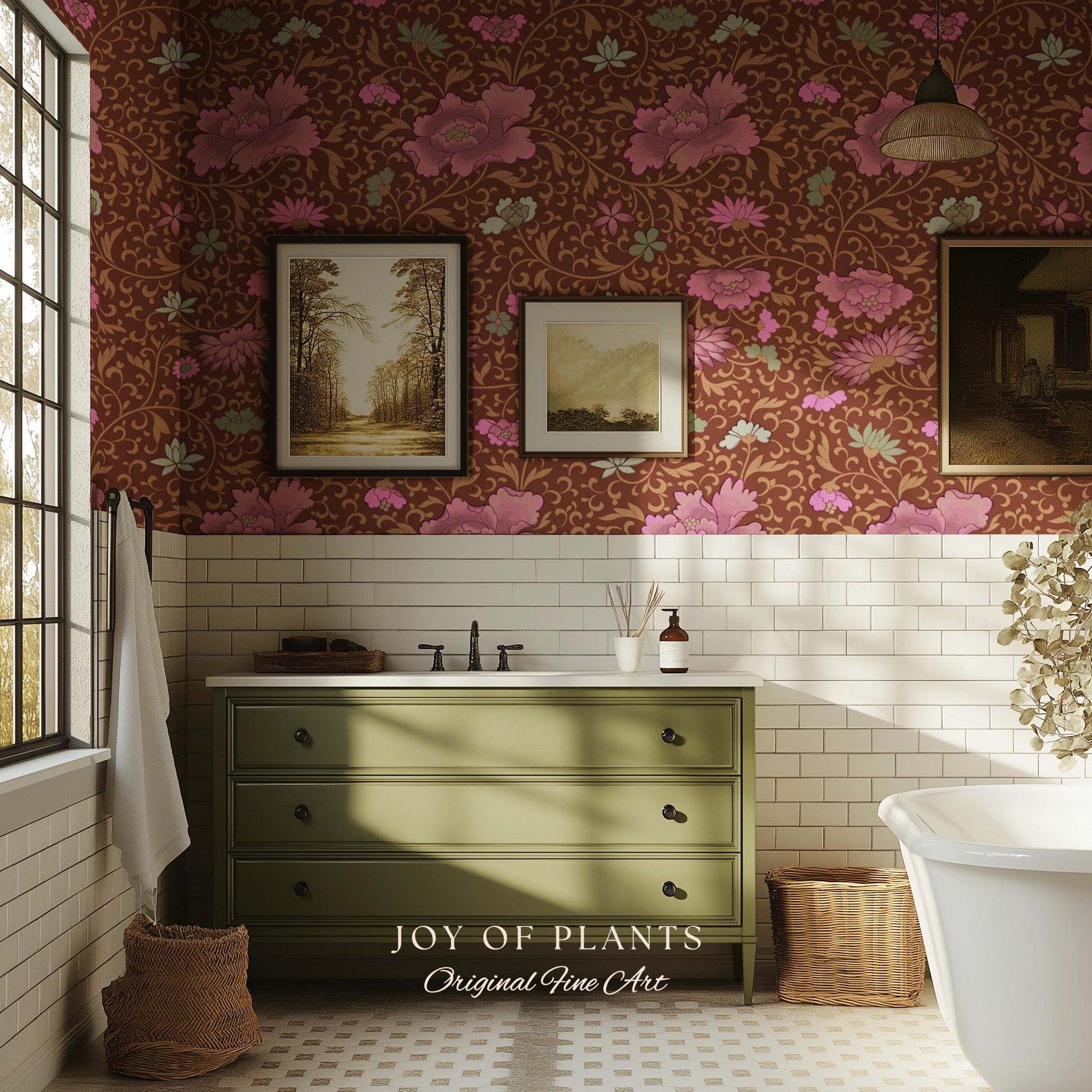 Bohemian Folk Ornamental Wallpaper | Retro Mid-Century Cottage Wall Art Renter Friendly Mauve Maximalist Peel and Stick Floral Chinoiserie