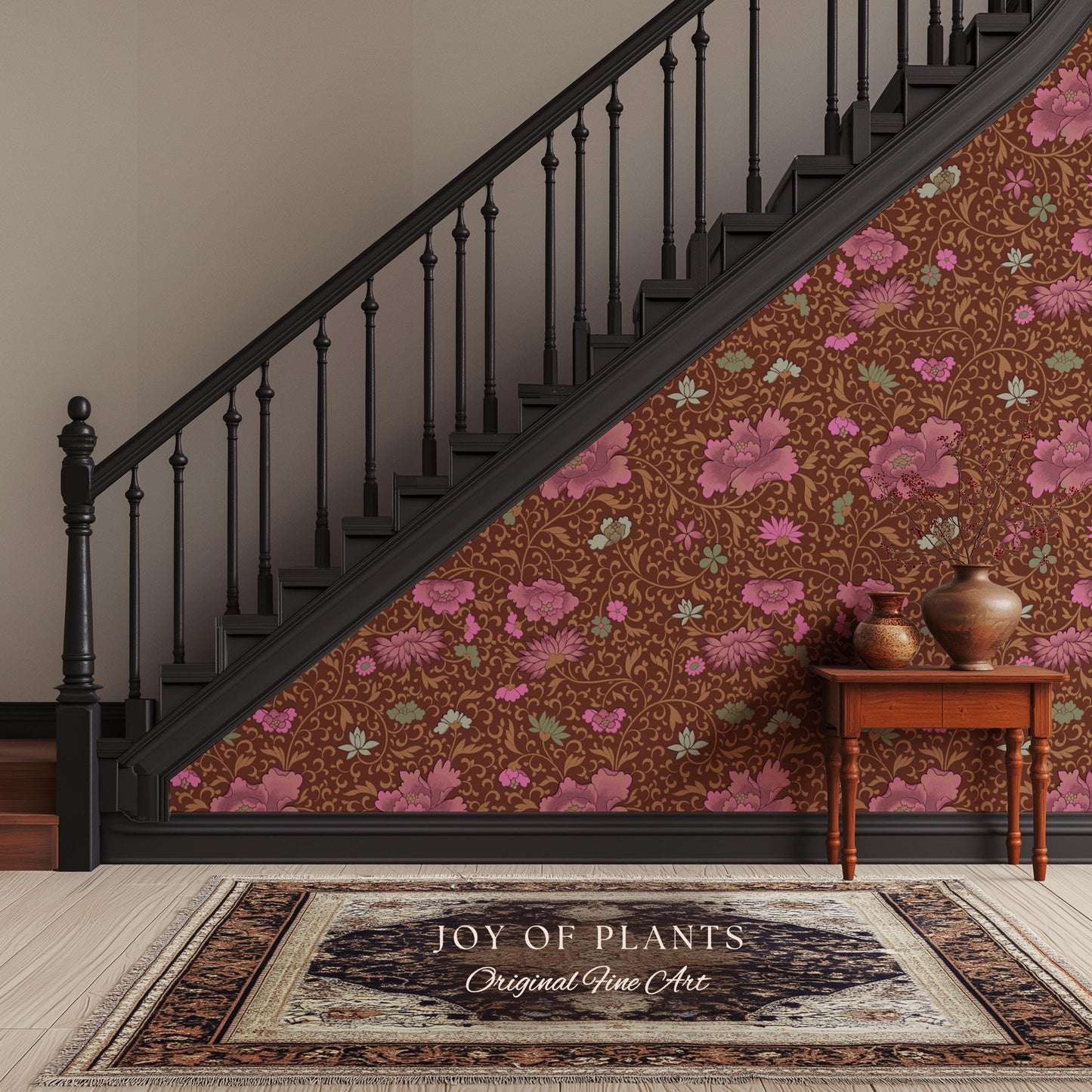 Bohemian Folk Ornamental Wallpaper | Retro Mid-Century Cottage Wall Art Renter Friendly Mauve Maximalist Peel and Stick Floral Chinoiserie