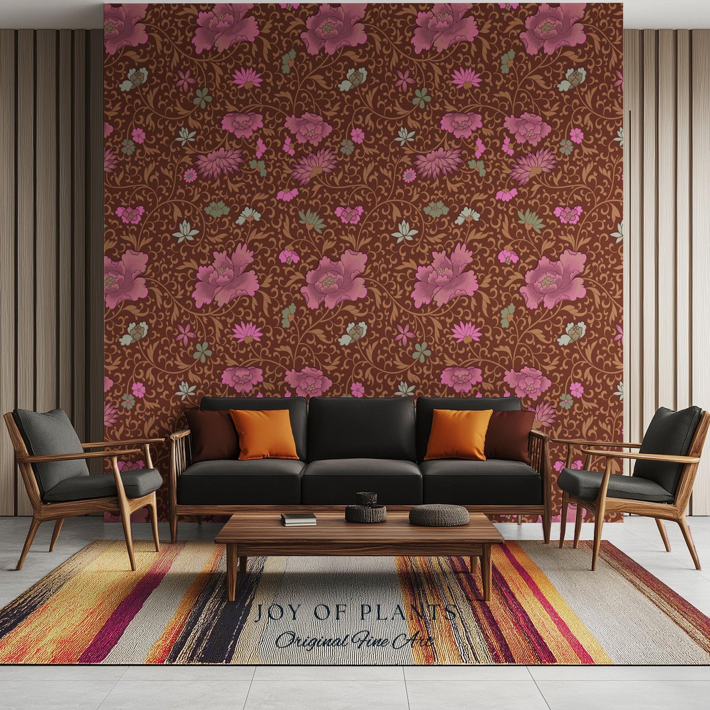 Bohemian Folk Ornamental Wallpaper | Retro Mid-Century Cottage Wall Art Renter Friendly Mauve Maximalist Peel and Stick Floral Chinoiserie