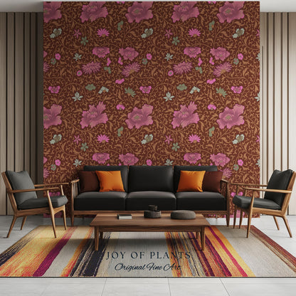 Bohemian Folk Ornamental Wallpaper | Retro Mid-Century Cottage Wall Art Renter Friendly Mauve Maximalist Peel and Stick Floral Chinoiserie