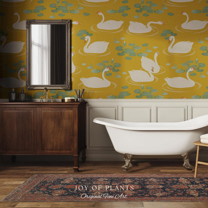 White Swans Modern Folk Wallpaper | Nursery Decor Pale Yellow Scandi Storybook Peel and Stick Lilipad Renter Friendly Calming Bathroom Art