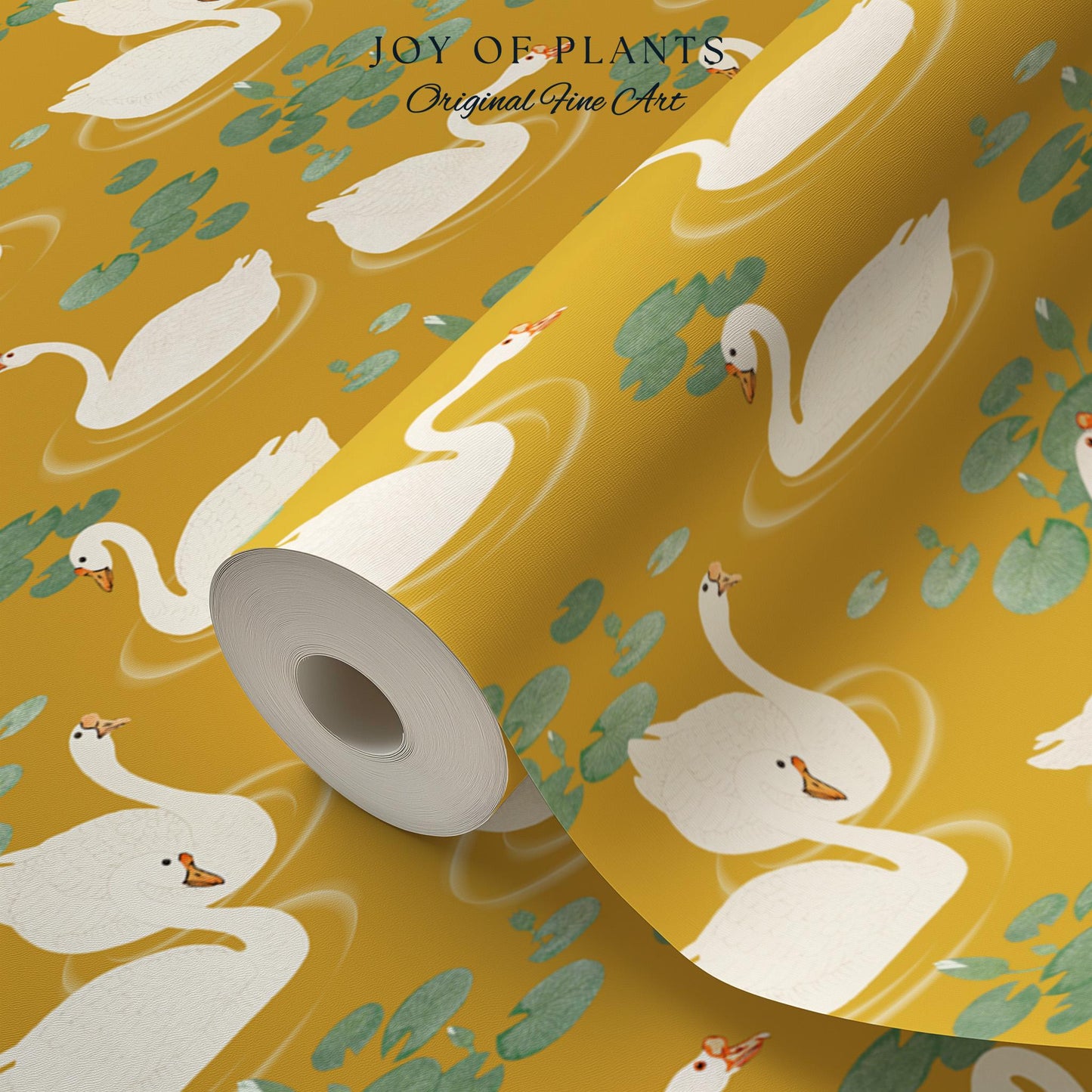 White Swans Modern Folk Wallpaper | Nursery Decor Pale Yellow Scandi Storybook Peel and Stick Lilipad Renter Friendly Calming Bathroom Art