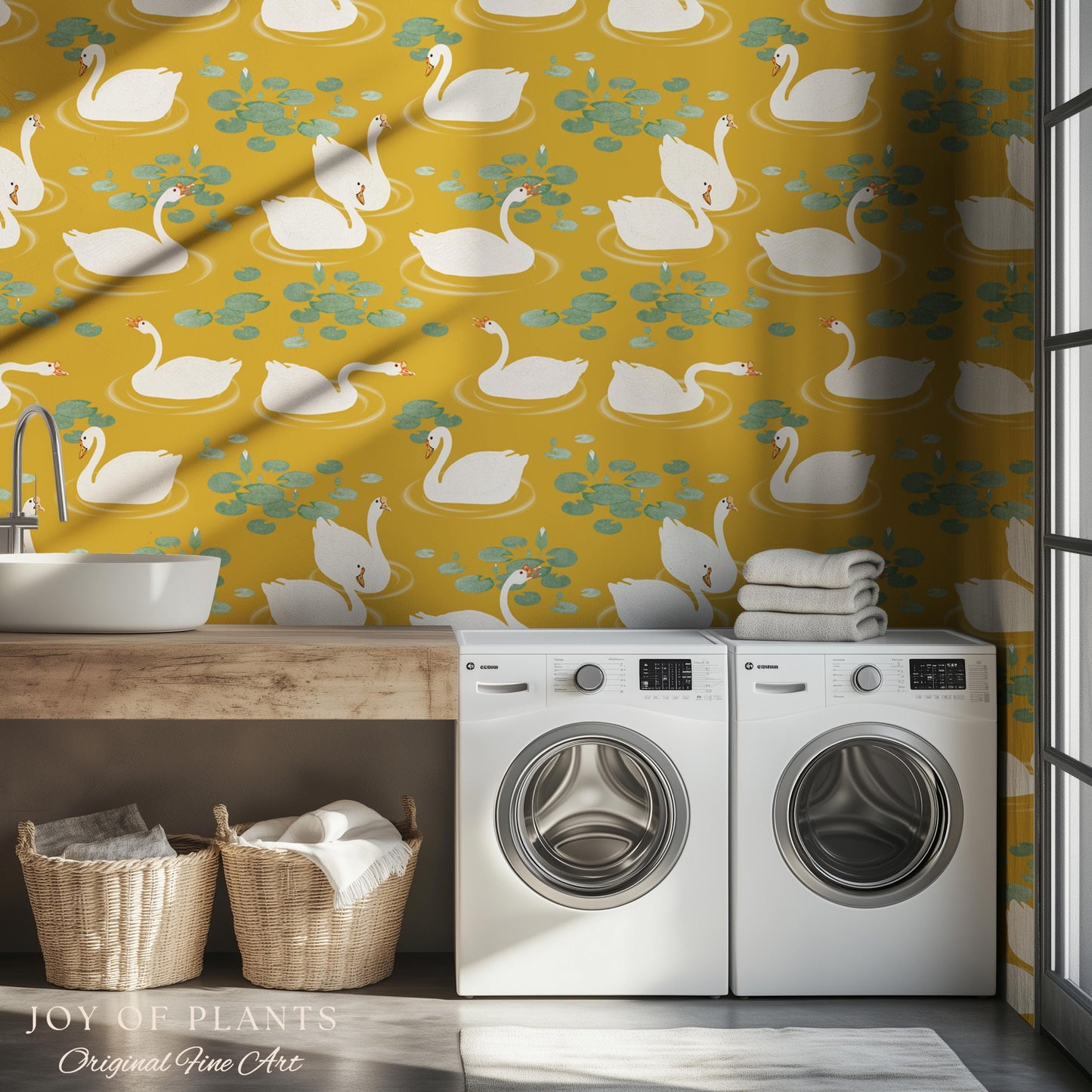 White Swans Modern Folk Wallpaper | Nursery Decor Pale Yellow Scandi Storybook Peel and Stick Lilipad Renter Friendly Calming Bathroom Art