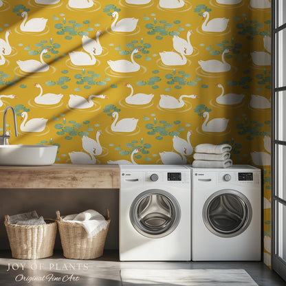 White Swans Modern Folk Wallpaper | Nursery Decor Pale Yellow Scandi Storybook Peel and Stick Lilipad Renter Friendly Calming Bathroom Art