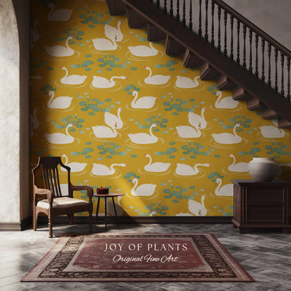 White Swans Modern Folk Wallpaper | Nursery Decor Pale Yellow Scandi Storybook Peel and Stick Lilipad Renter Friendly Calming Bathroom Art