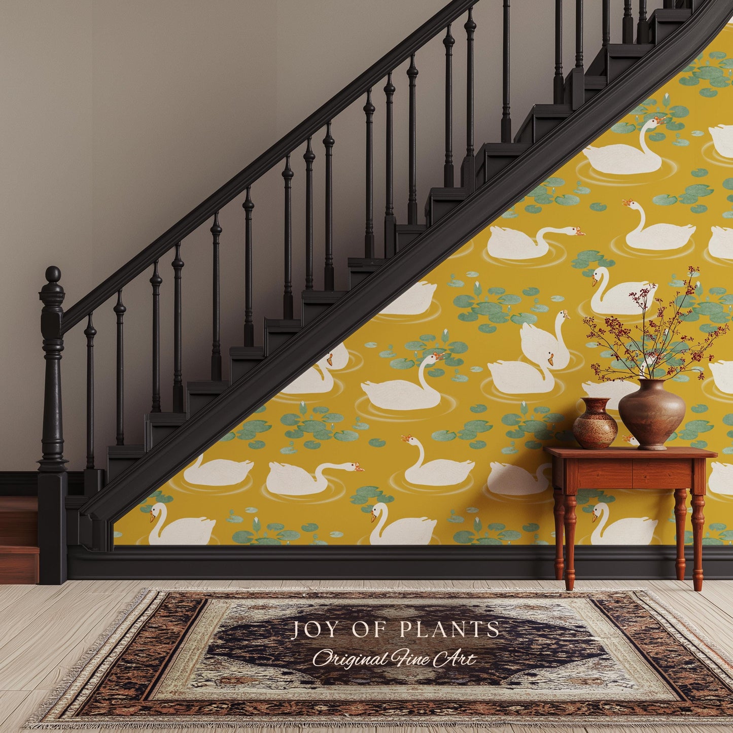 White Swans Modern Folk Wallpaper | Nursery Decor Pale Yellow Scandi Storybook Peel and Stick Lilipad Renter Friendly Calming Bathroom Art