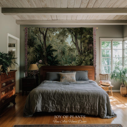 Lush Earthy Maximalist Tapestry | Verdure Woodland Scenery Woven Throw Blanket Jungle Botanical Foliage Vintage Nature Tropical Rainforest