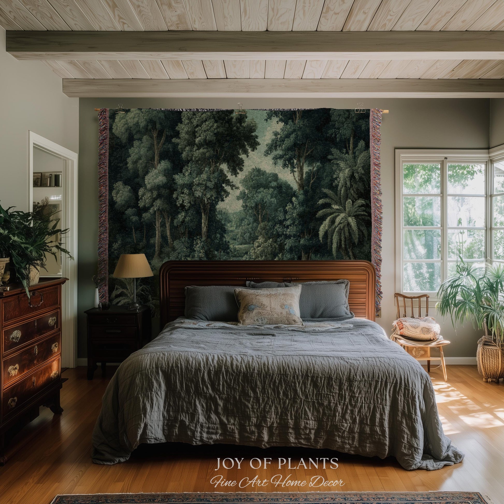 Old World Jungle Realism Tapestry | Victorian Botanical Atmospheric Forest Woven Throw Blanket Green Nature French Greenery Wall Art Earthy