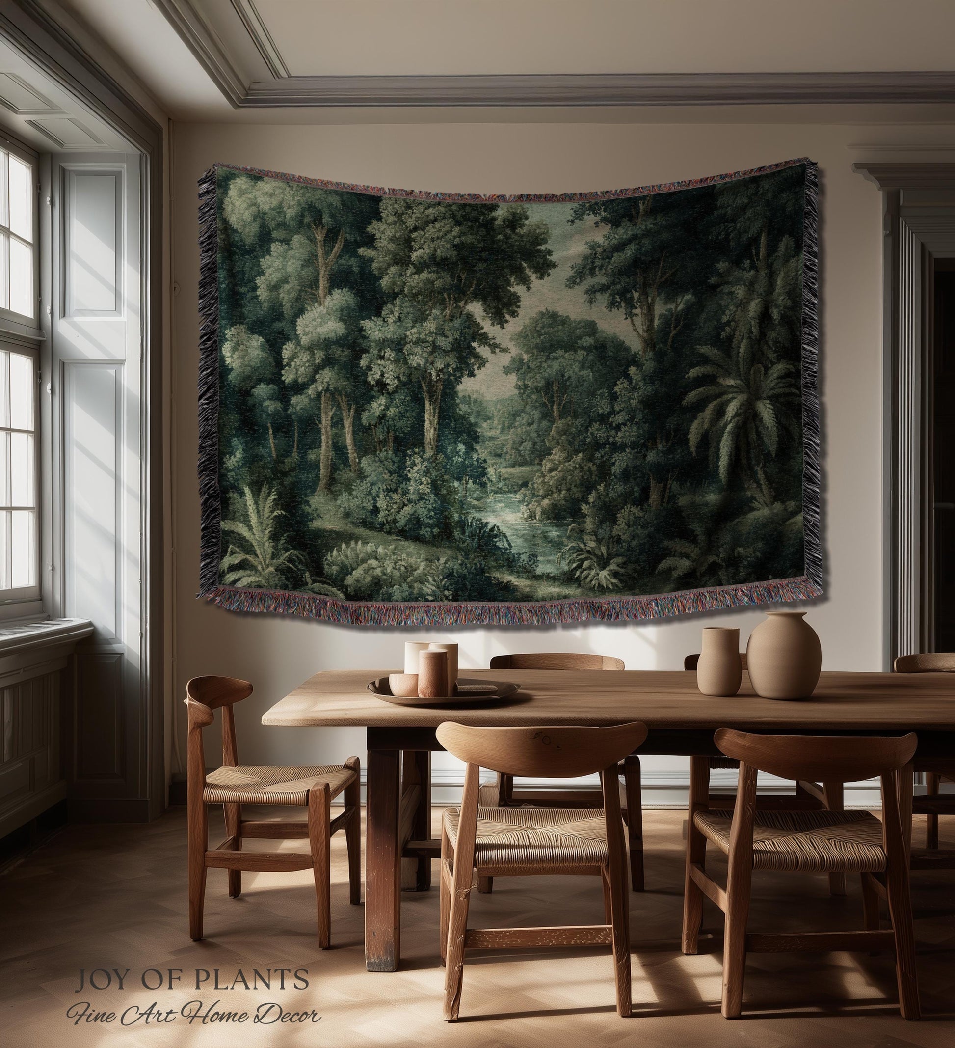 Old World Jungle Realism Tapestry | Victorian Botanical Atmospheric Forest Woven Throw Blanket Green Nature French Greenery Wall Art Earthy