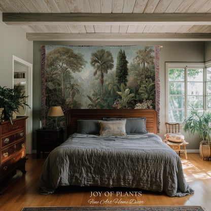 Misty Muted Tropical Greenery Tapestry | Vintage Palm Landscape Old World Jungle Woven Throw Blanket Verdure Jacquard Lush Wall Art