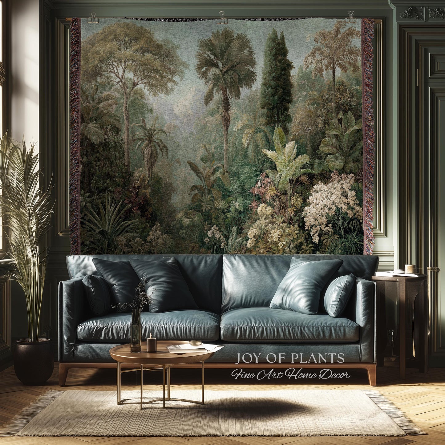 Misty Muted Tropical Greenery Tapestry | Vintage Palm Landscape Old World Jungle Woven Throw Blanket Verdure Jacquard Lush Wall Art