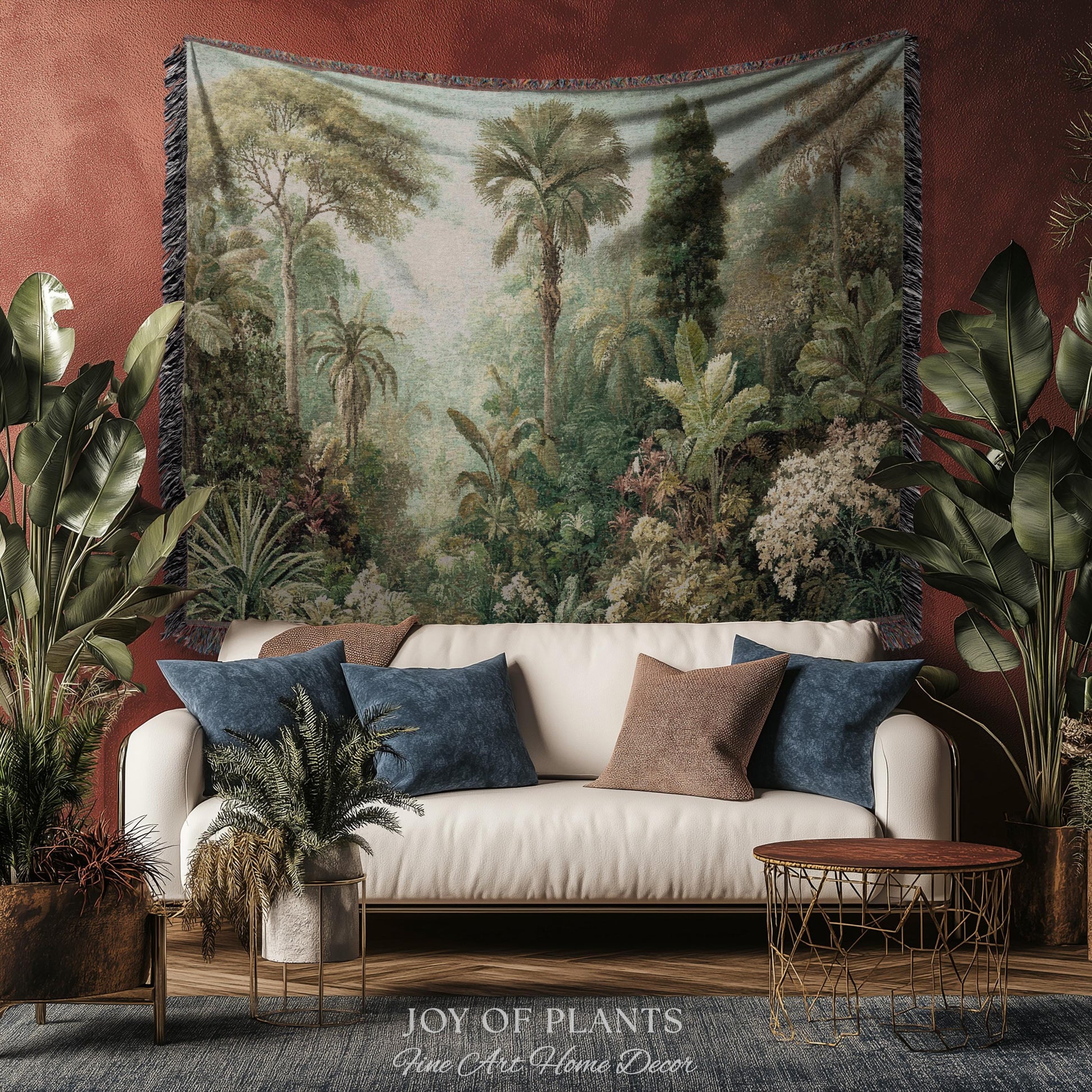 Misty Muted Tropical Greenery Tapestry | Vintage Palm Landscape Old World Jungle Woven Throw Blanket Verdure Jacquard Lush Wall Art