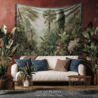 Misty Muted Tropical Greenery Tapestry | Vintage Palm Landscape Old World Jungle Woven Throw Blanket Verdure Jacquard Lush Wall Art