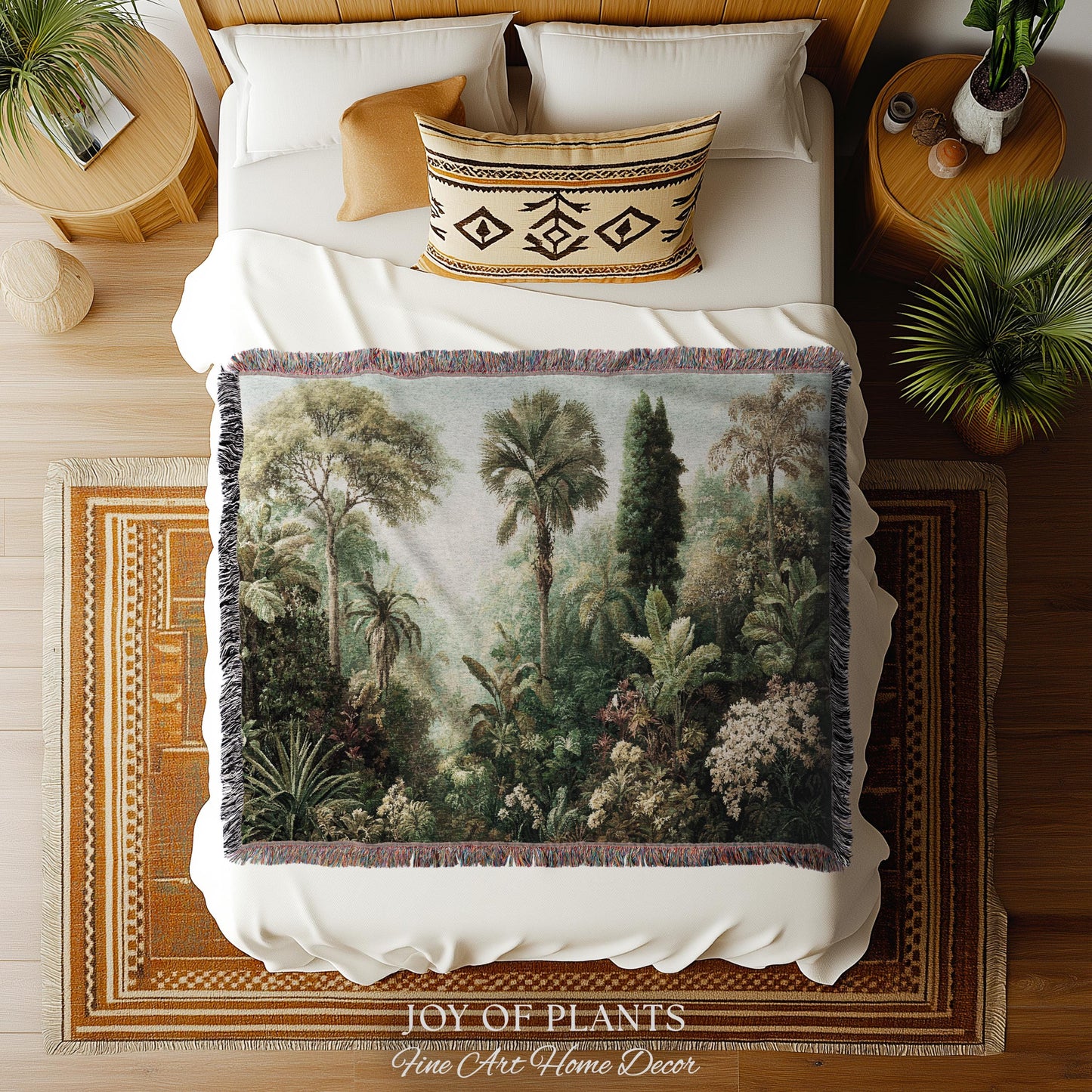 Misty Muted Tropical Greenery Tapestry | Vintage Palm Landscape Old World Jungle Woven Throw Blanket Verdure Jacquard Lush Wall Art