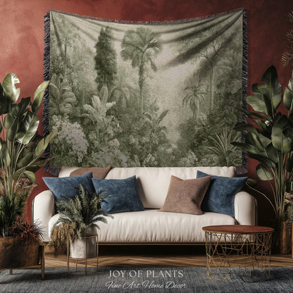 Heritage Botanical Rainforest Tapestry | Museum Textile Sage Green Romantic Woven Throw Blanket Victorian Jungle Wall Art Pastoral Trees