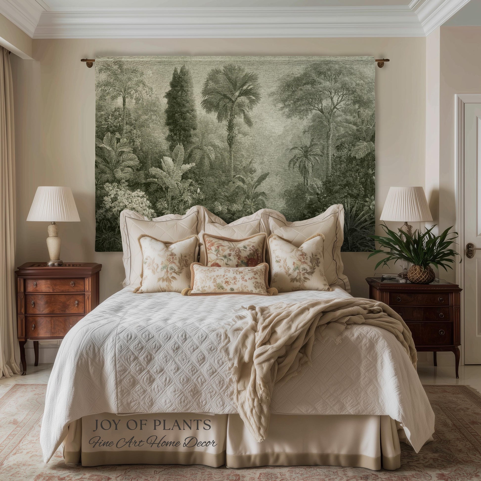 Heritage Botanical Rainforest Tapestry | Museum Textile Sage Green Romantic Woven Throw Blanket Victorian Jungle Wall Art Pastoral Trees
