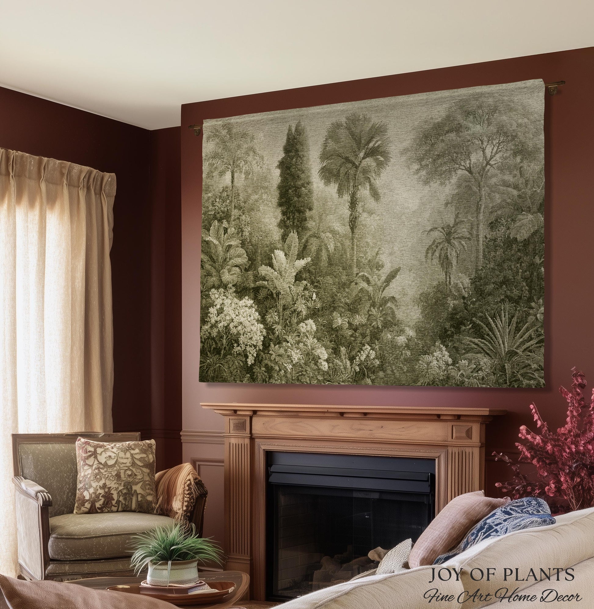Heritage Botanical Rainforest Tapestry | Museum Textile Sage Green Romantic Woven Throw Blanket Victorian Jungle Wall Art Pastoral Trees