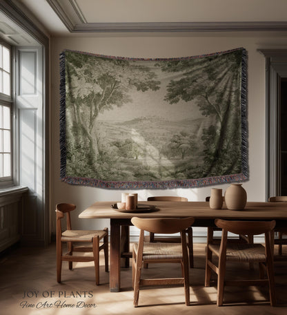 Soft Olive Pastoral Vista Tapestry | Old World Faded Textile Woodland Verdure Landscape 18th Century European Historic Countryside Blanket