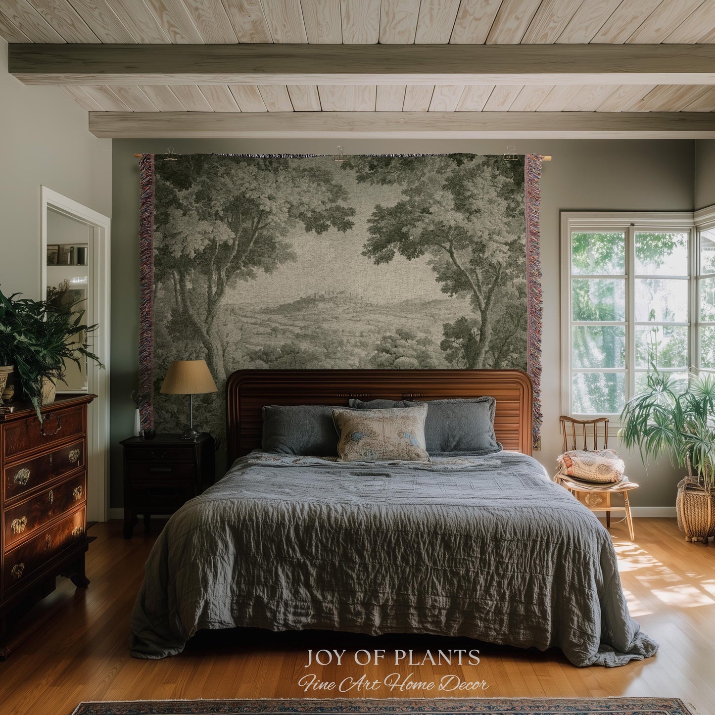 Soft Olive Pastoral Vista Tapestry | Old World Faded Textile Woodland Verdure Landscape 18th Century European Historic Countryside Blanket