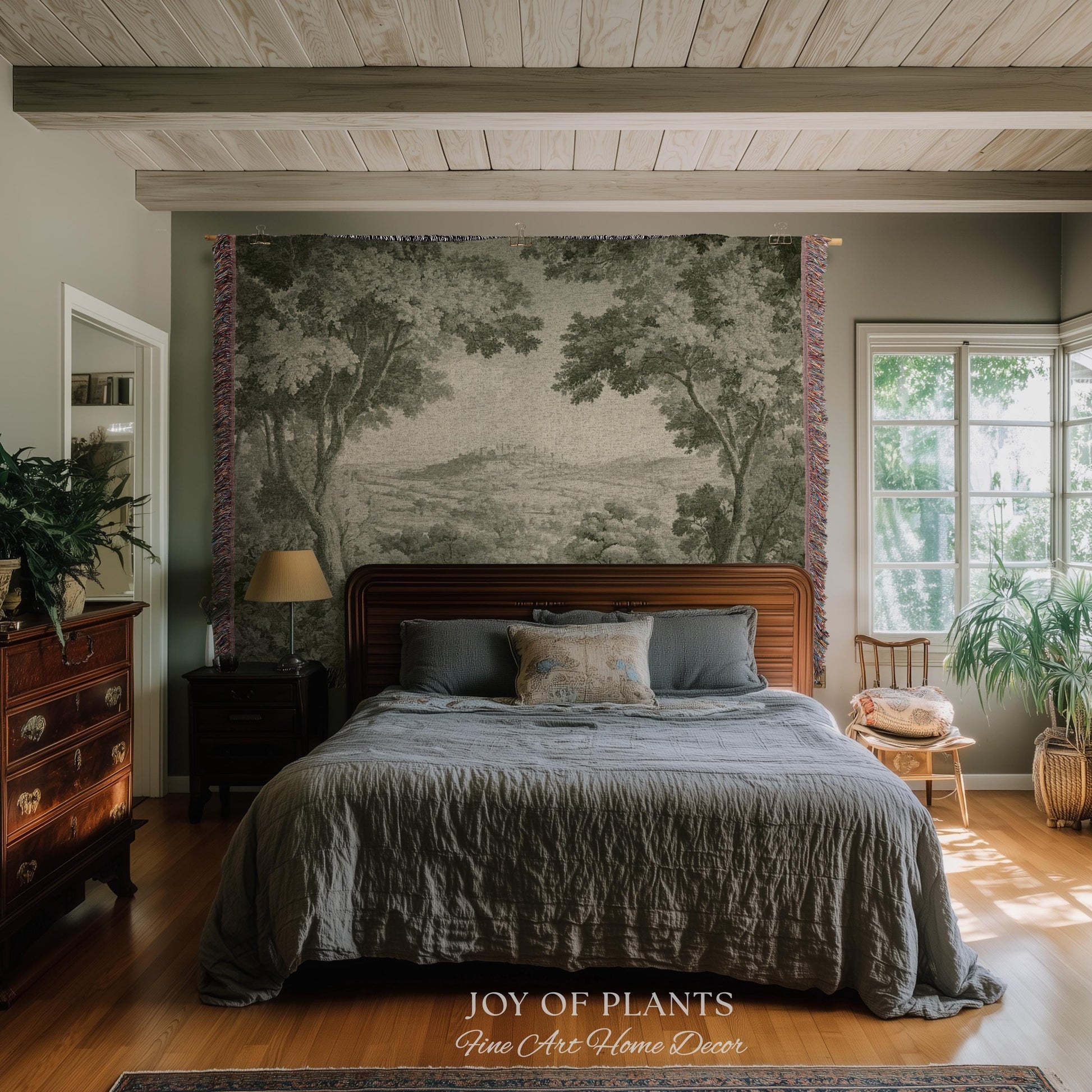Soft Olive Pastoral Vista Tapestry | Old World Faded Textile Woodland Verdure Landscape 18th Century European Historic Countryside Blanket