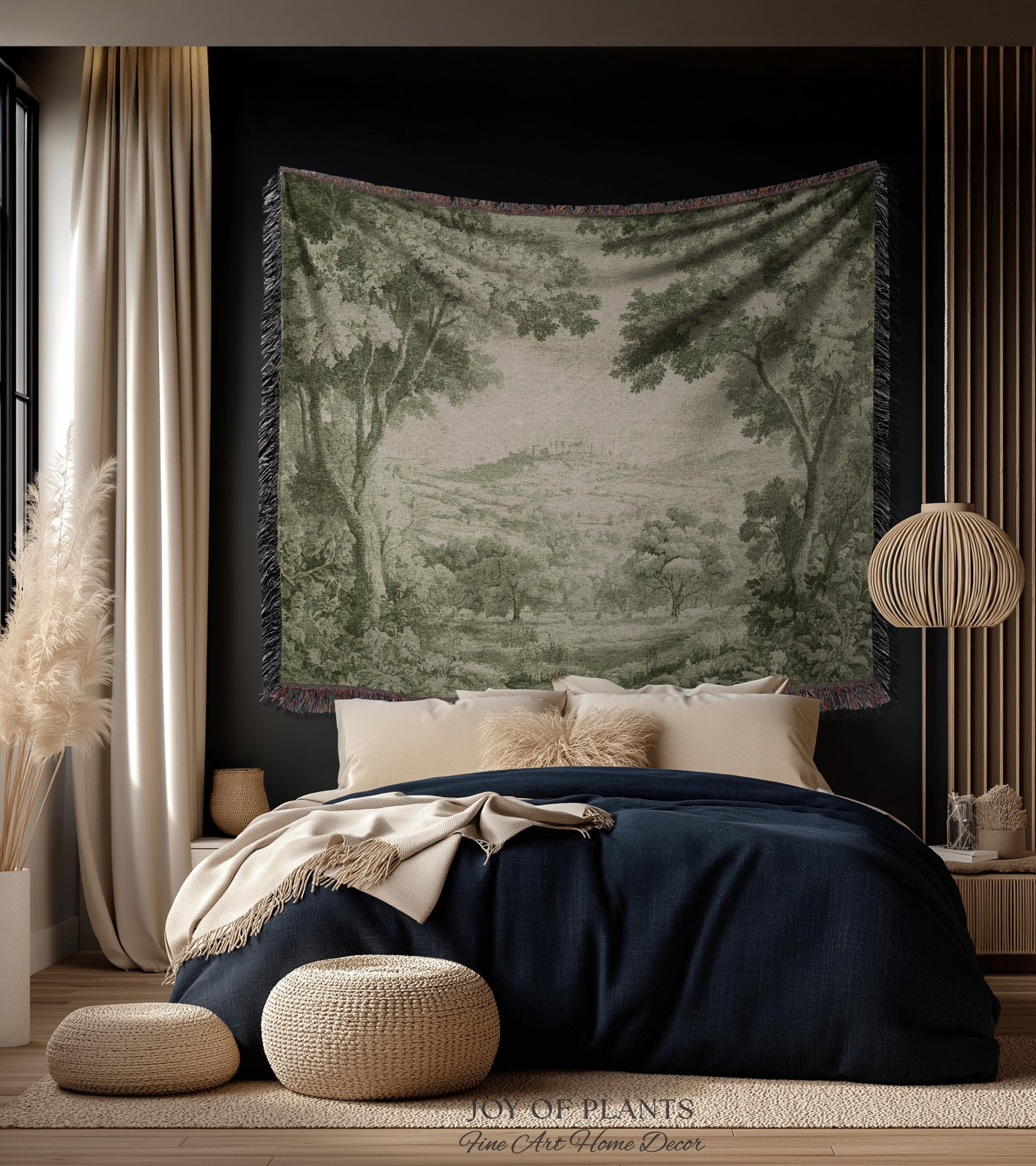 Soft Olive Pastoral Vista Tapestry | Old World Faded Textile Woodland Verdure Landscape 18th Century European Historic Countryside Blanket