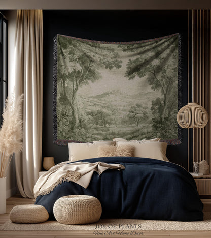 Soft Olive Pastoral Vista Tapestry | Old World Faded Textile Woodland Verdure Landscape 18th Century European Historic Countryside Blanket