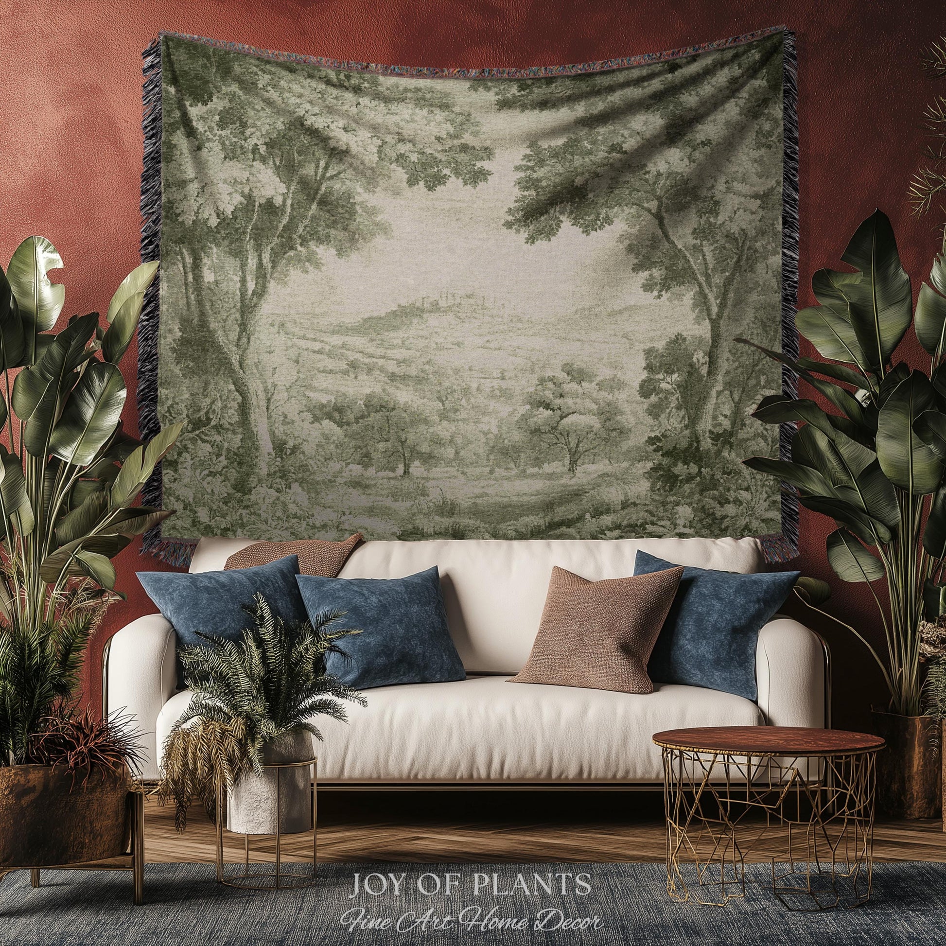 Soft Olive Pastoral Vista Tapestry | Old World Faded Textile Woodland Verdure Landscape 18th Century European Historic Countryside Blanket