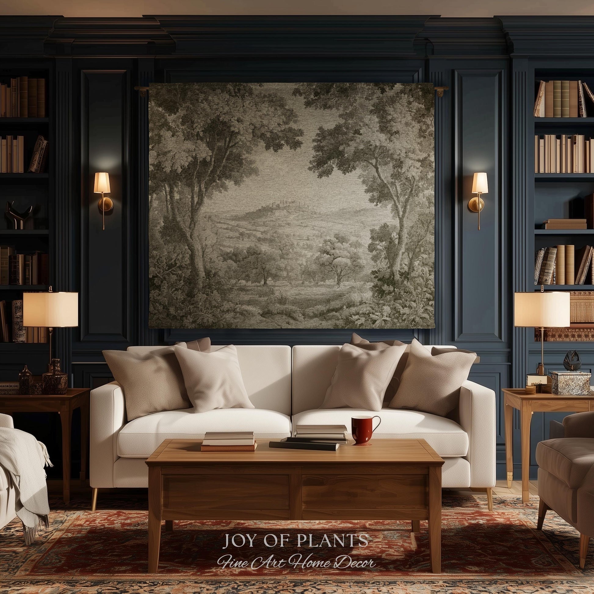 Soft Olive Pastoral Vista Tapestry | Old World Faded Textile Woodland Verdure Landscape 18th Century European Historic Countryside Blanket